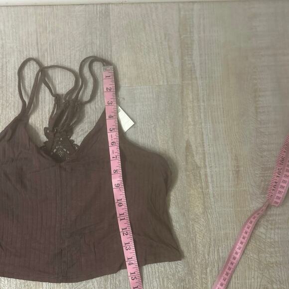 AERIE American Eagle NWT Ribbed Knit Racer Back Crochet Crop Top Brown LRG - Picture 11 of 11